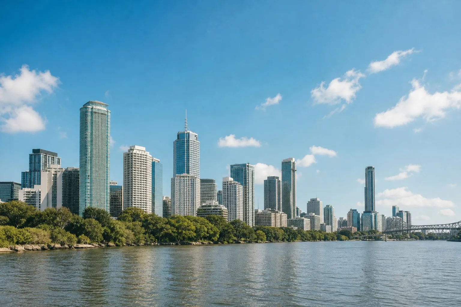 The Brisbane city towers on a clear day, seen across the river