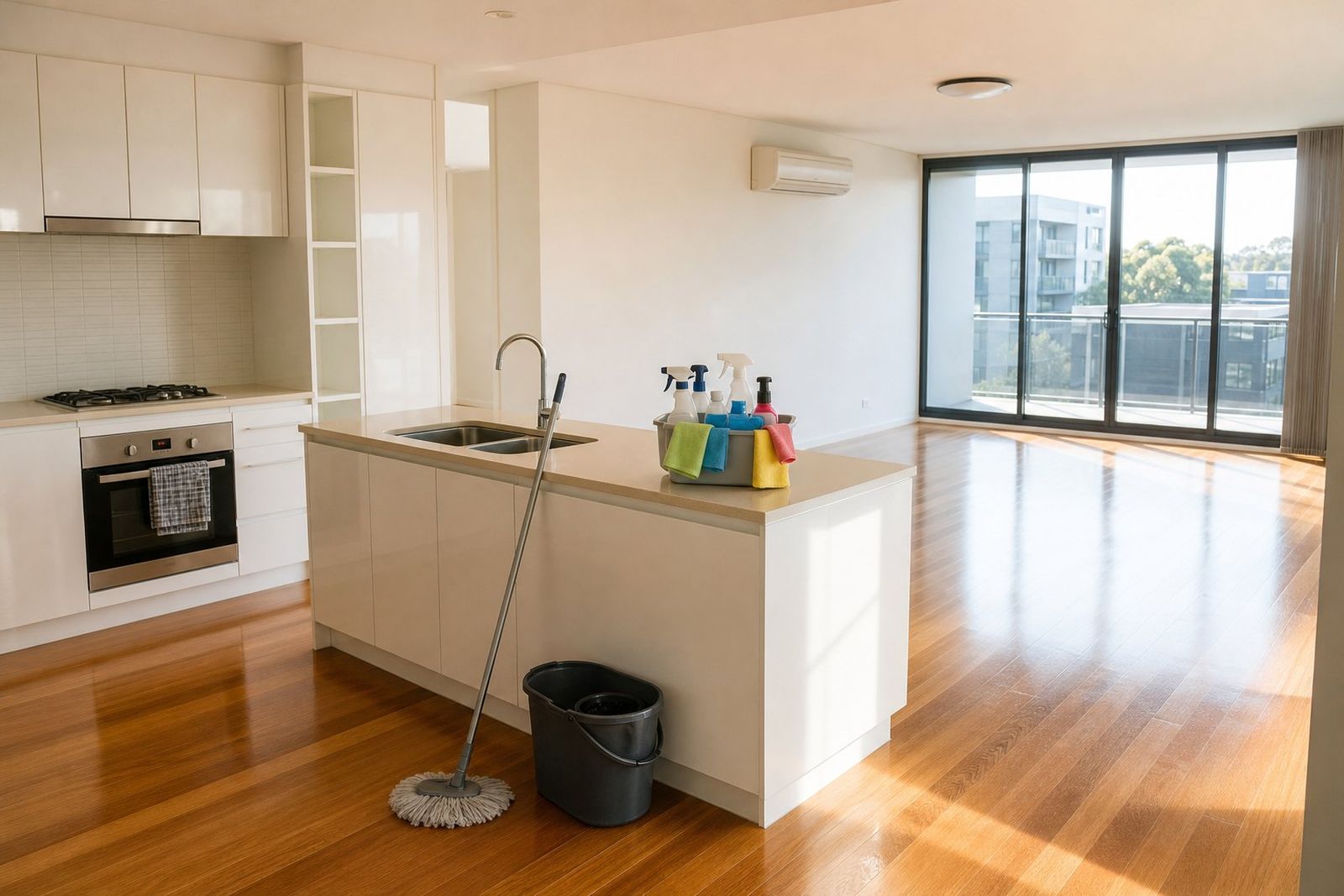A spotless kitchen and living room with a mop, bucket and a caddy of cleaning bottles
