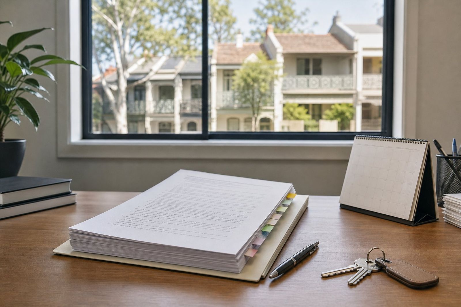 A tabbed property contract and a set of house keys on a desk, terrace houses through the window