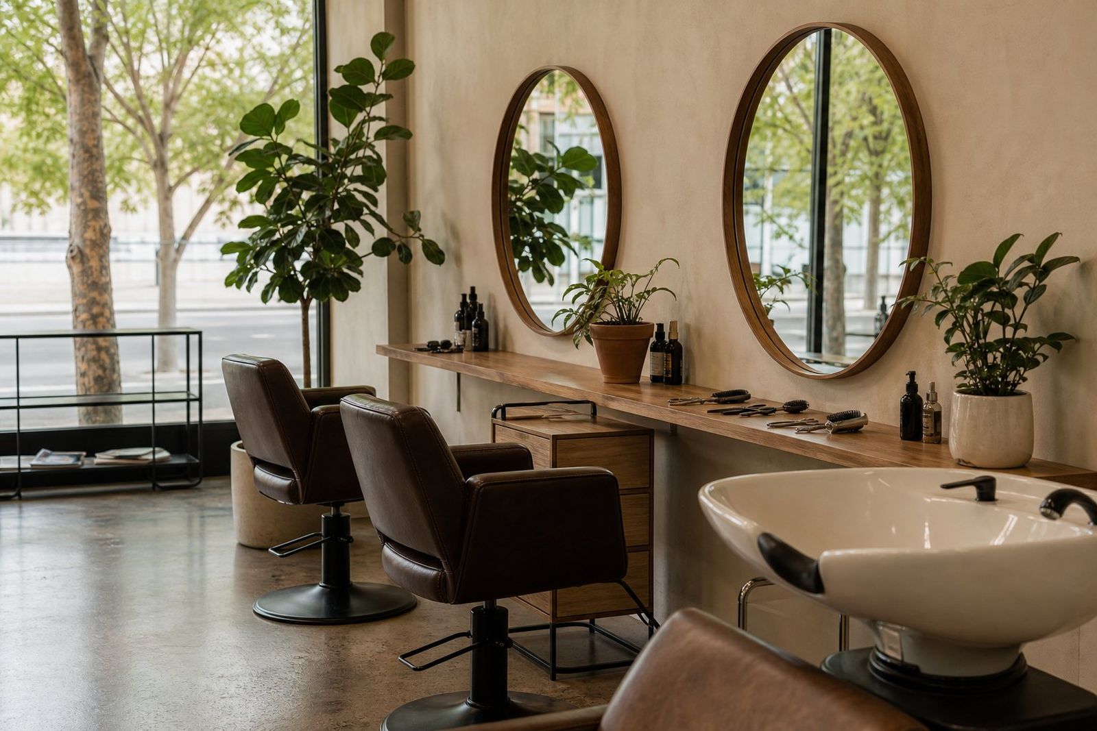 A light-filled hair salon with two styling chairs, round mirrors and a wash basin