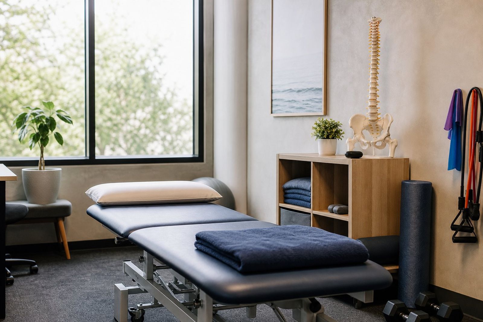 A physiotherapy room with a treatment table, a model spine, resistance bands and a foam roller
