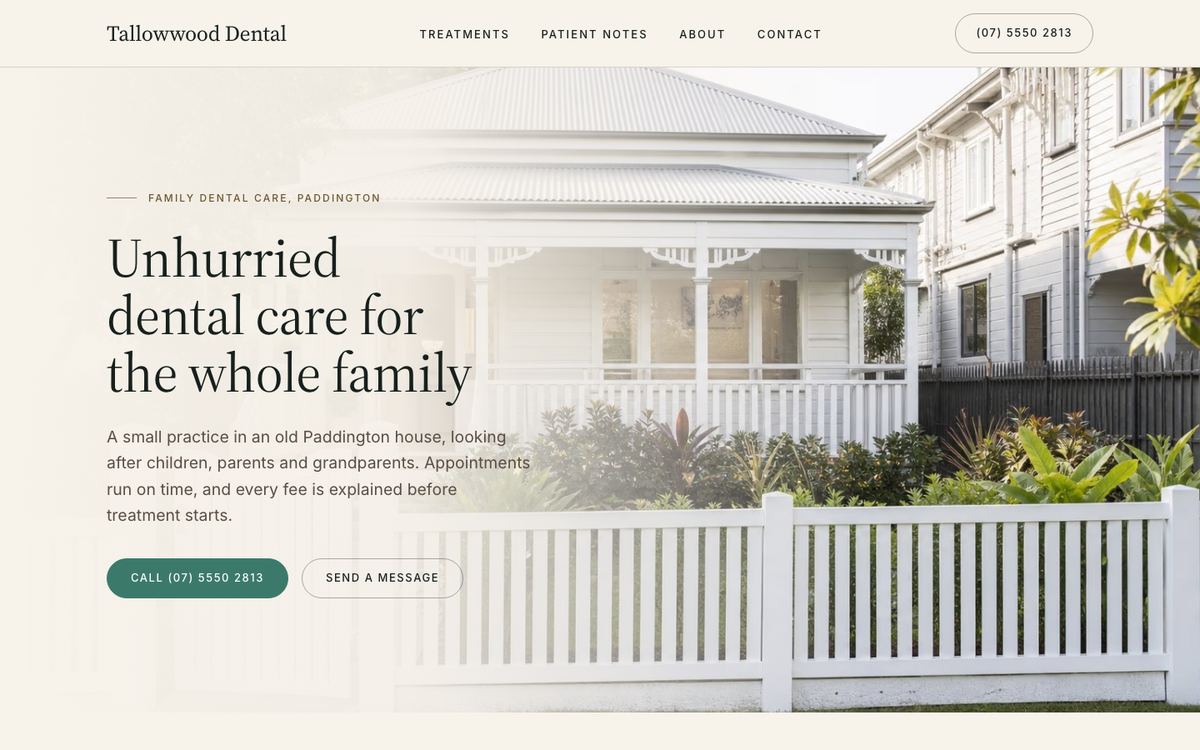 The first screen of the Tallowwood Dental sample site: type and lists on pale cream