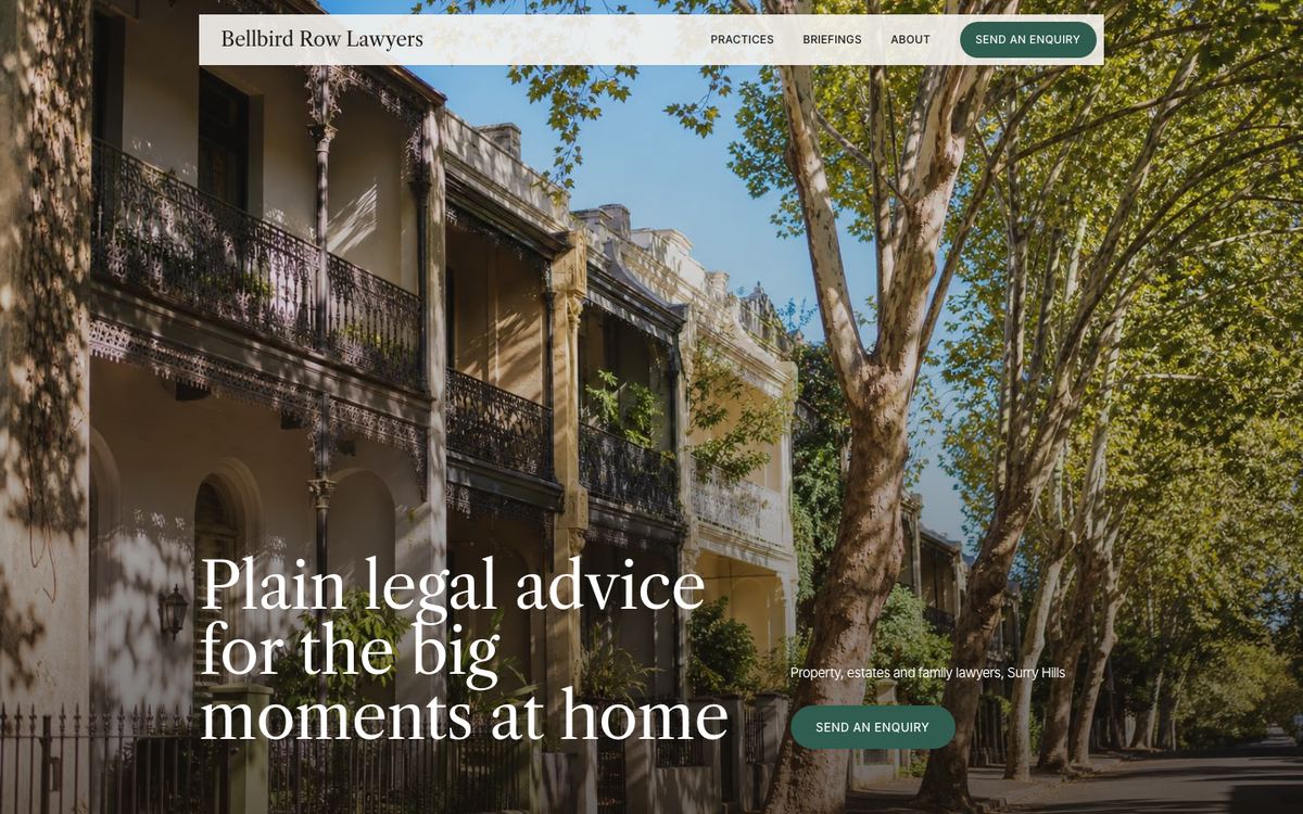 The first screen of the Bellbird Row Lawyers sample site: warm photographs on a calm grey ground
