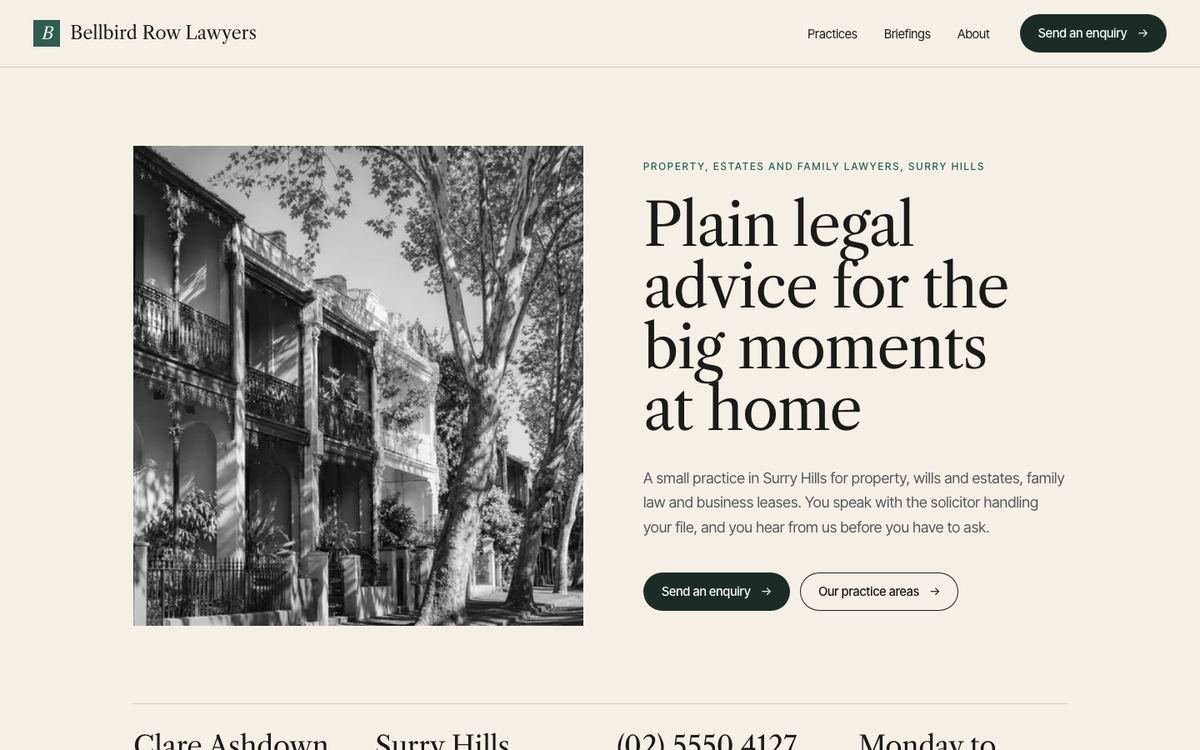 The first screen of the Bellbird Row Lawyers sample site: cream paper and ruled cells